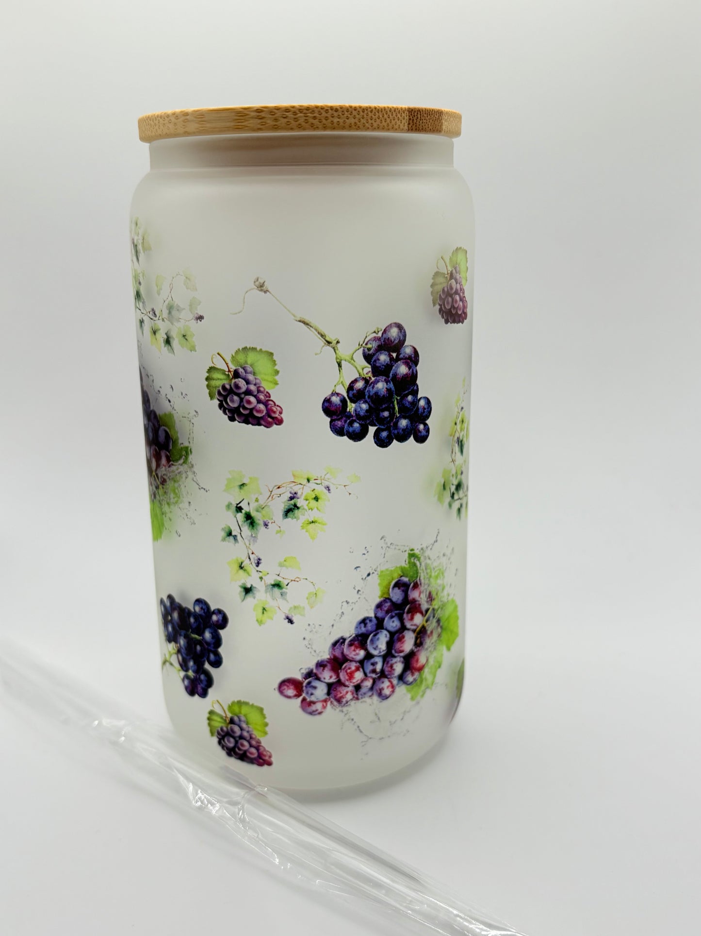 Grape Themed Glass Can Tumbler with Glass Straw