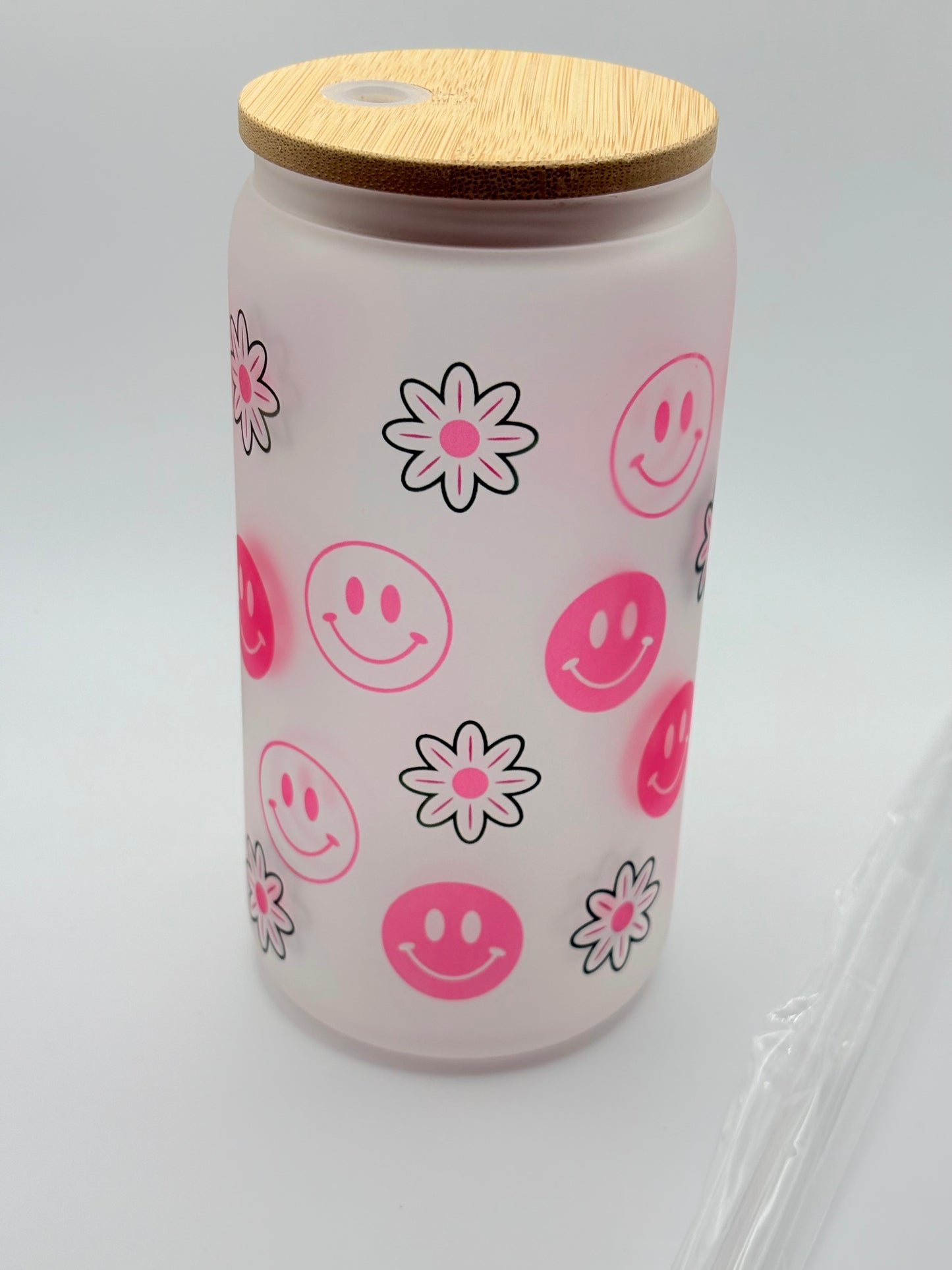 Pink Smiley Face with Flower Pattern Glass Can