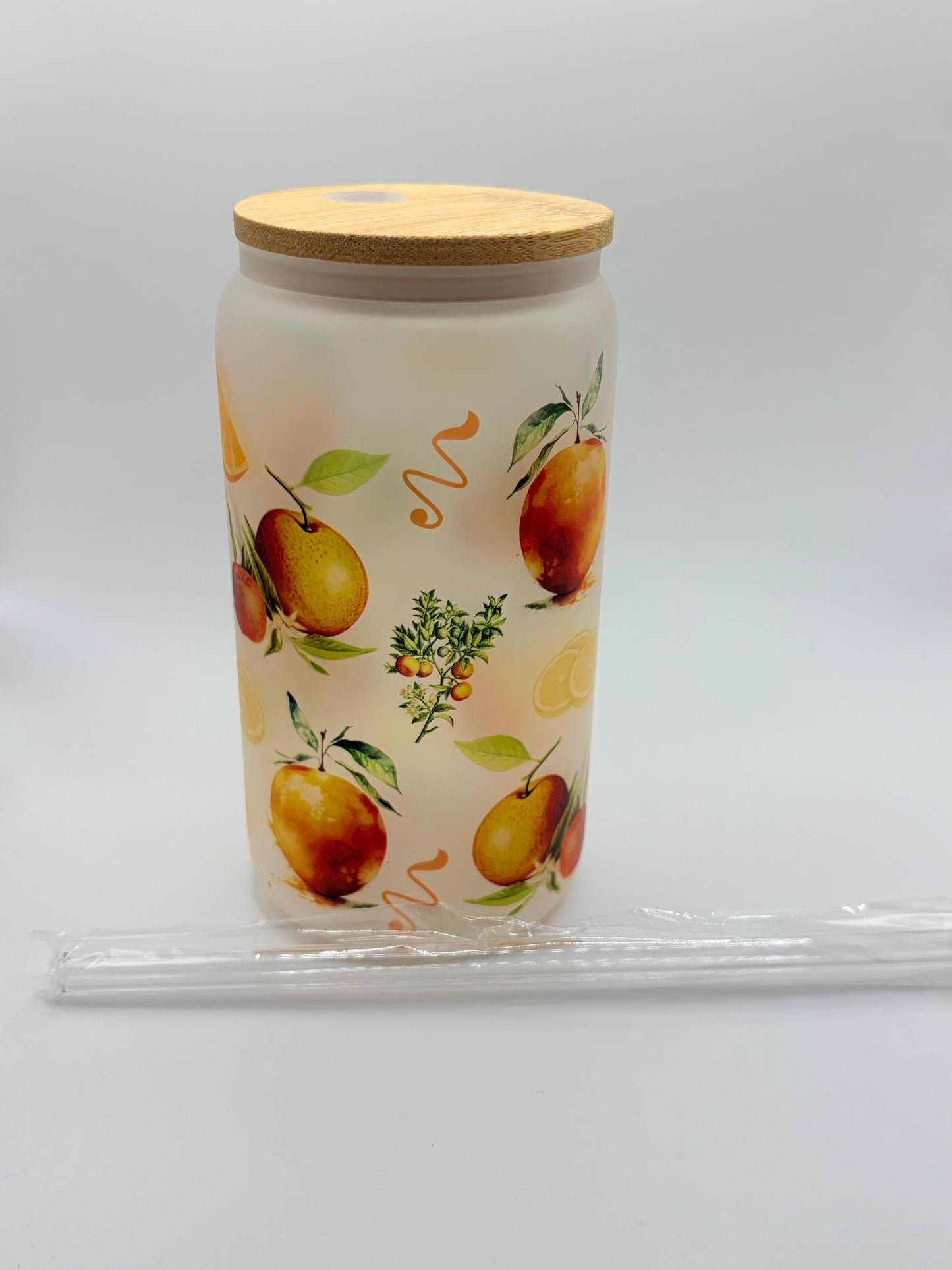 Tangerine Themed Glass Can Tumbler with Glass Straw