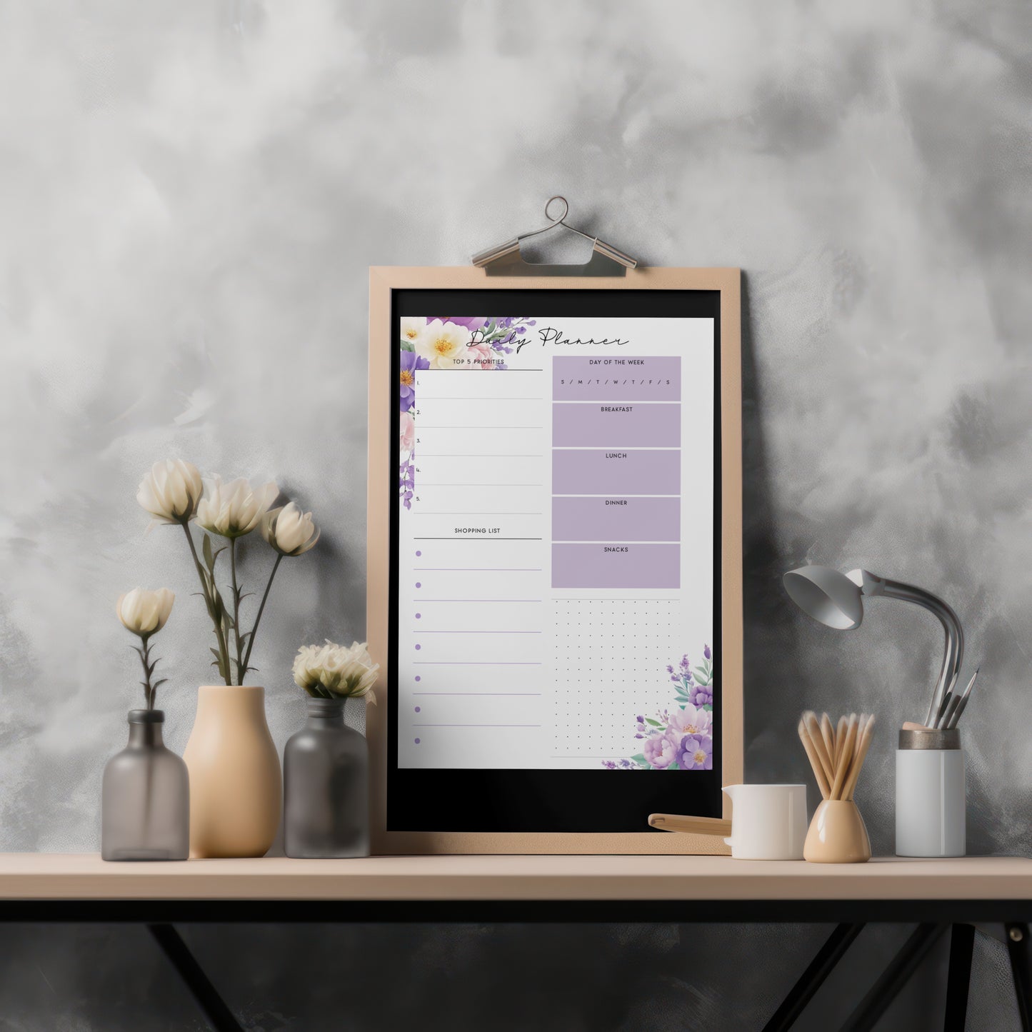 Magnetic Dry Erase Daily Planner – Floral Reusable Meal & Task Organizer