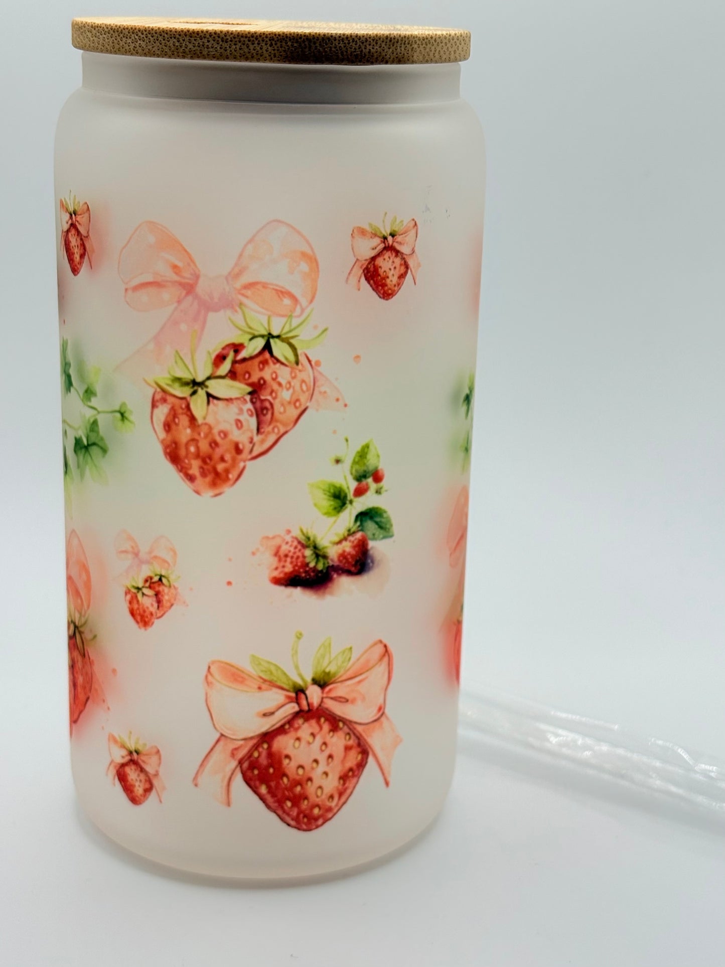Strawberry Themed Glass Can Tumbler with Glass Straw