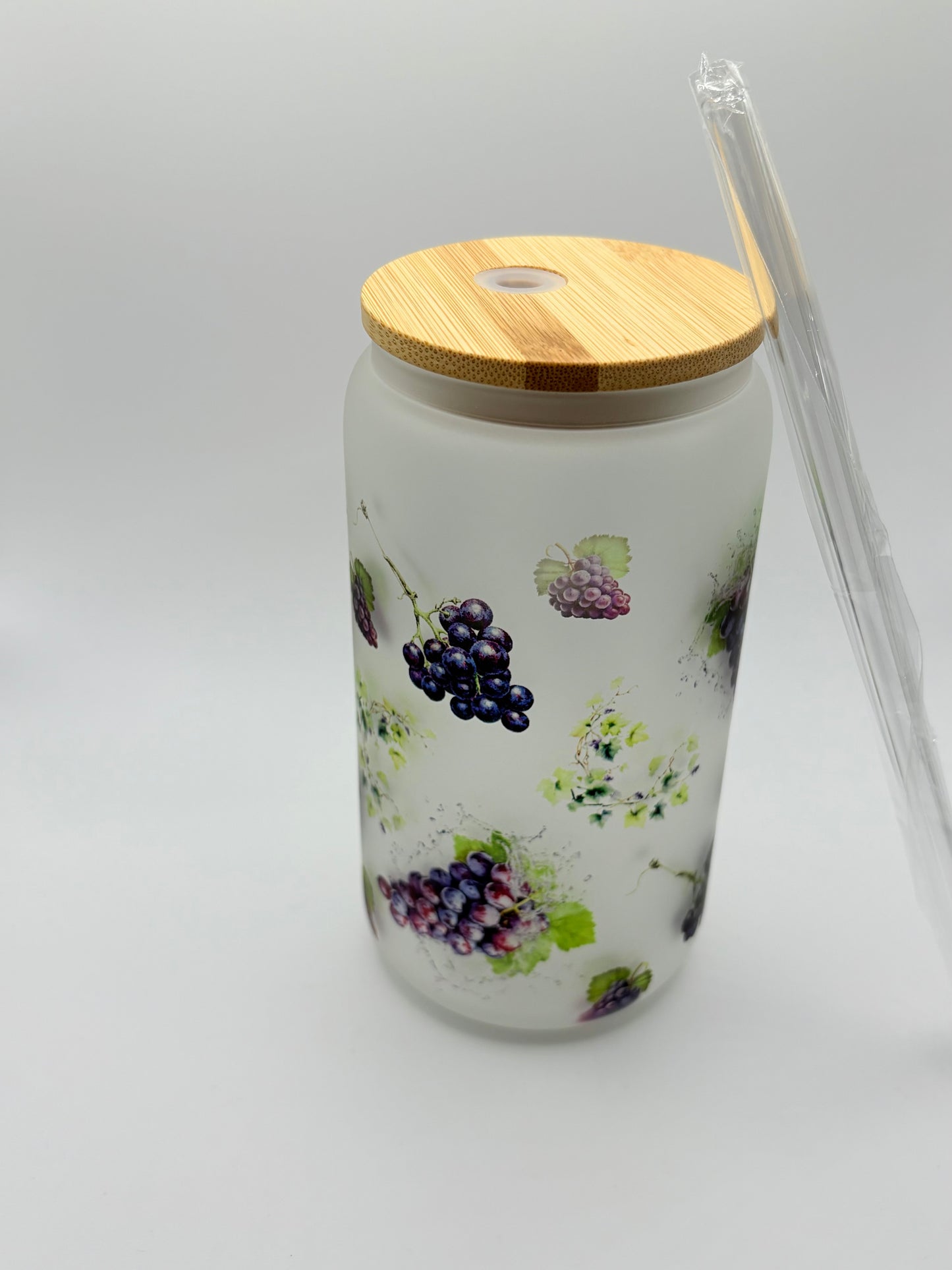 Grape Themed Glass Can Tumbler with Glass Straw