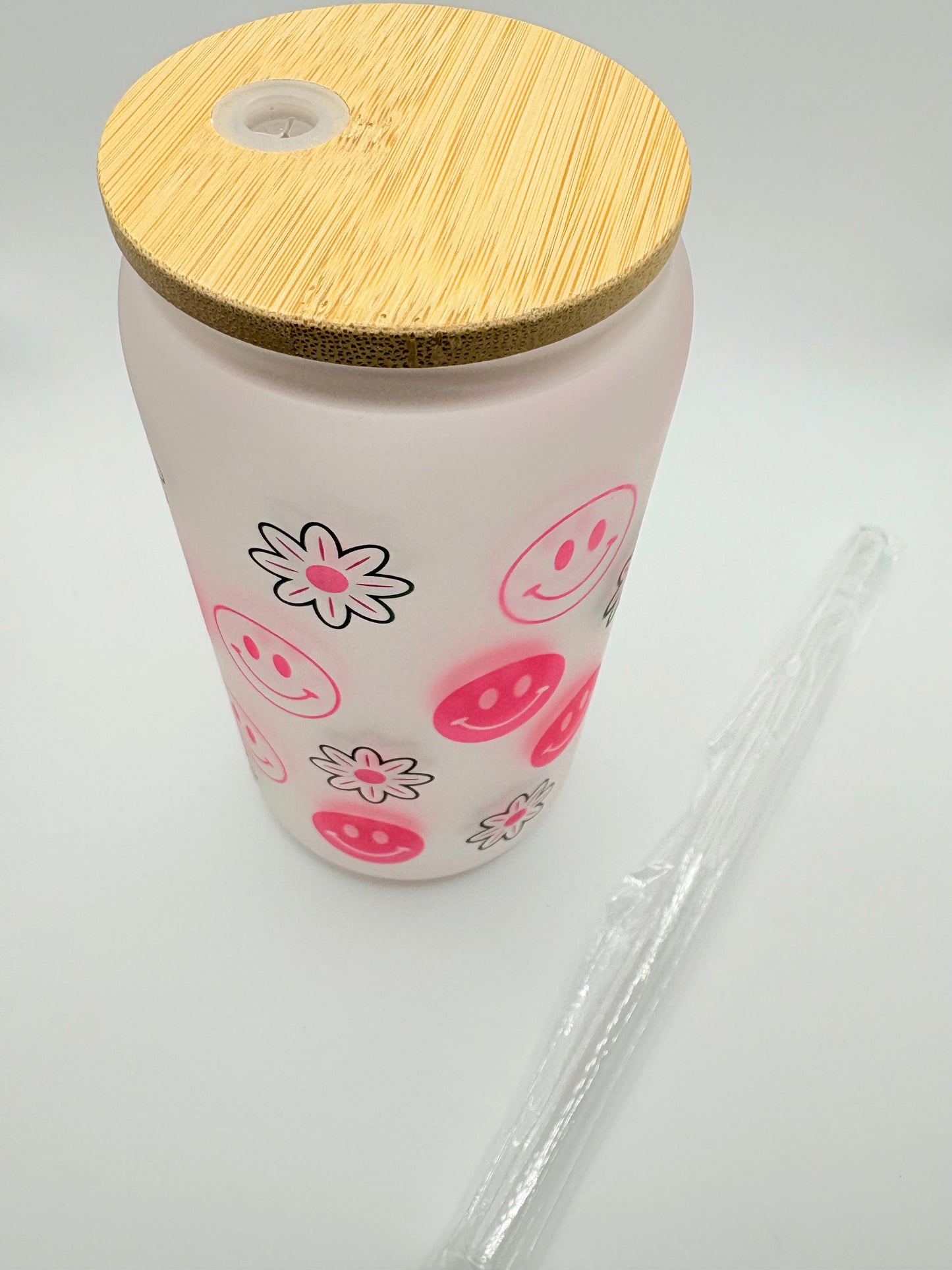 Pink Smiley Face with Flower Pattern Glass Can