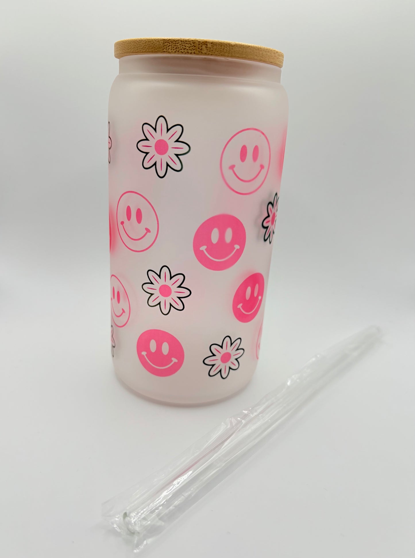 Pink Smiley Face with Flower Pattern Glass Can