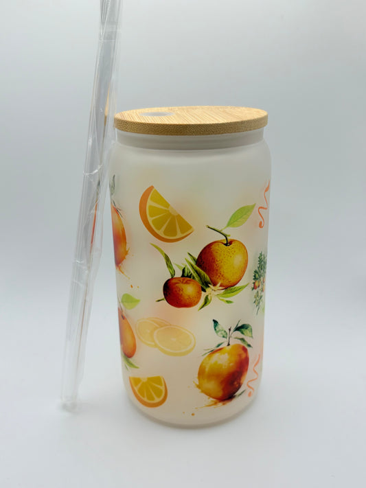 Tangerine Themed Glass Can Tumbler with Glass Straw