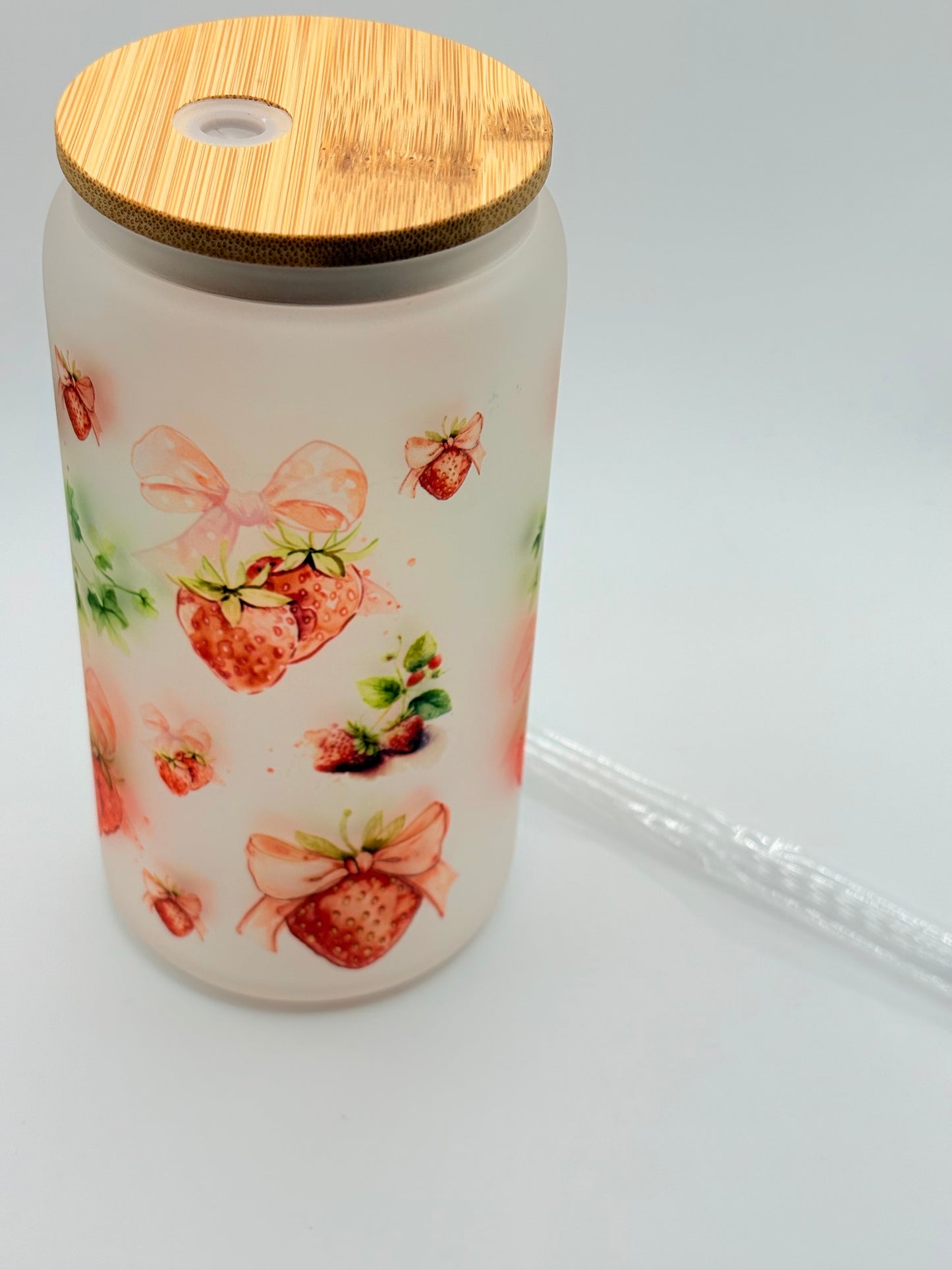 Strawberry Themed Glass Can Tumbler with Glass Straw