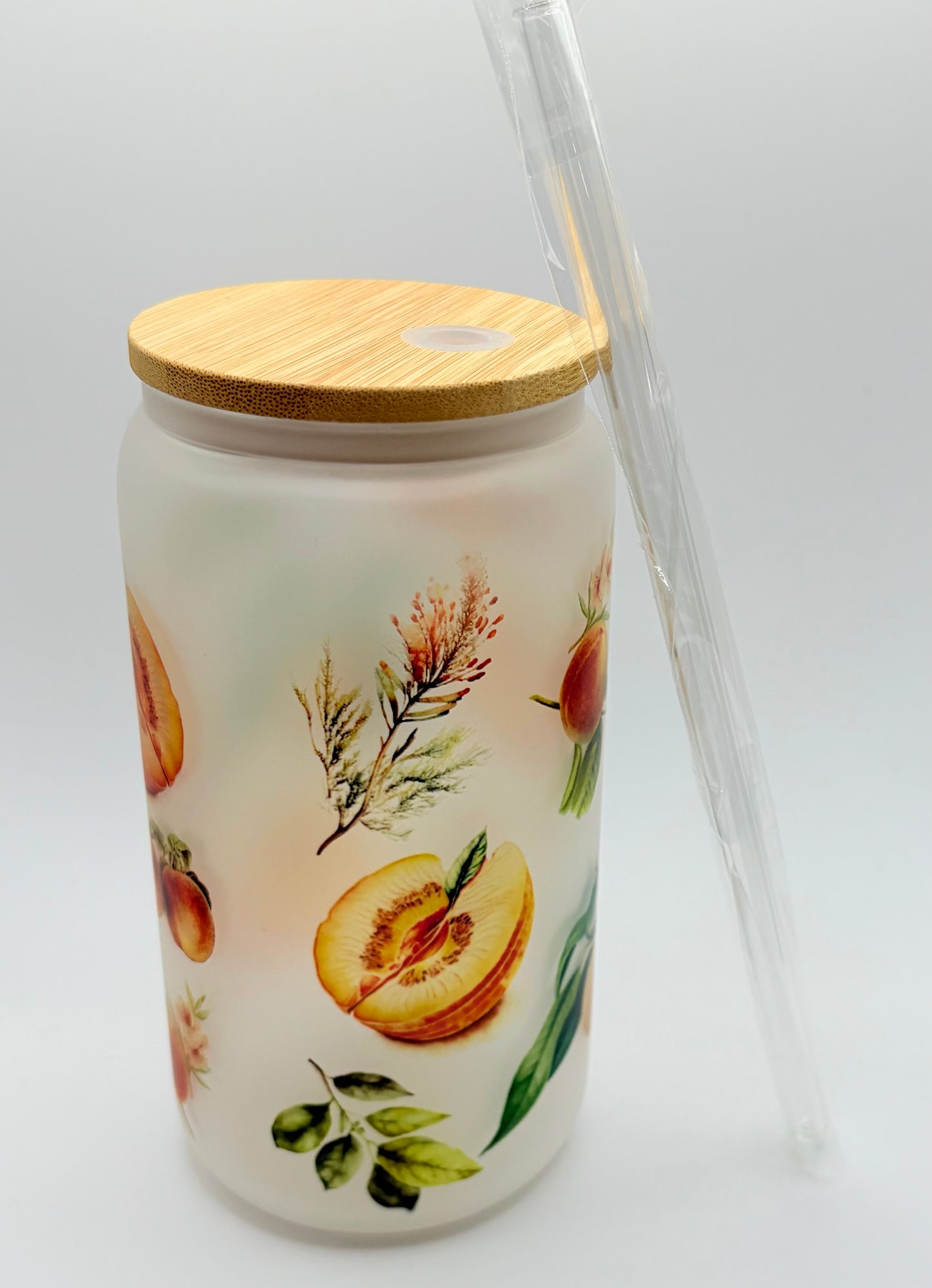 Peach Themed Glass Can Tumbler with Glass Straw