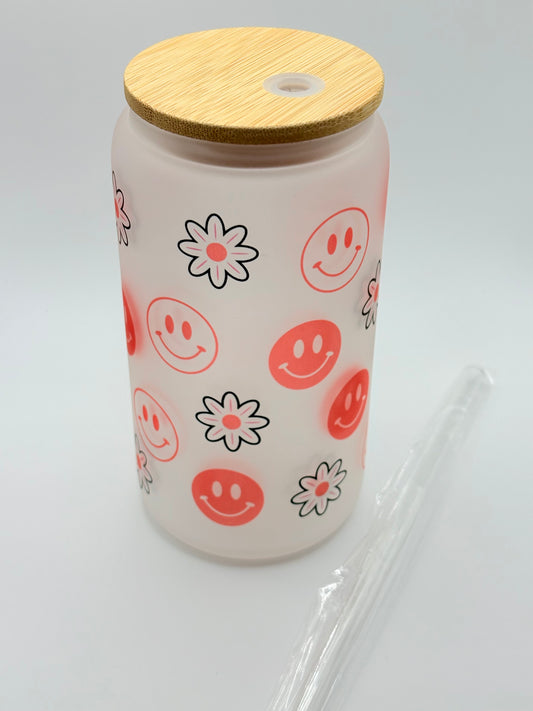 Red Smiley Face with Flower Pattern Glass Can