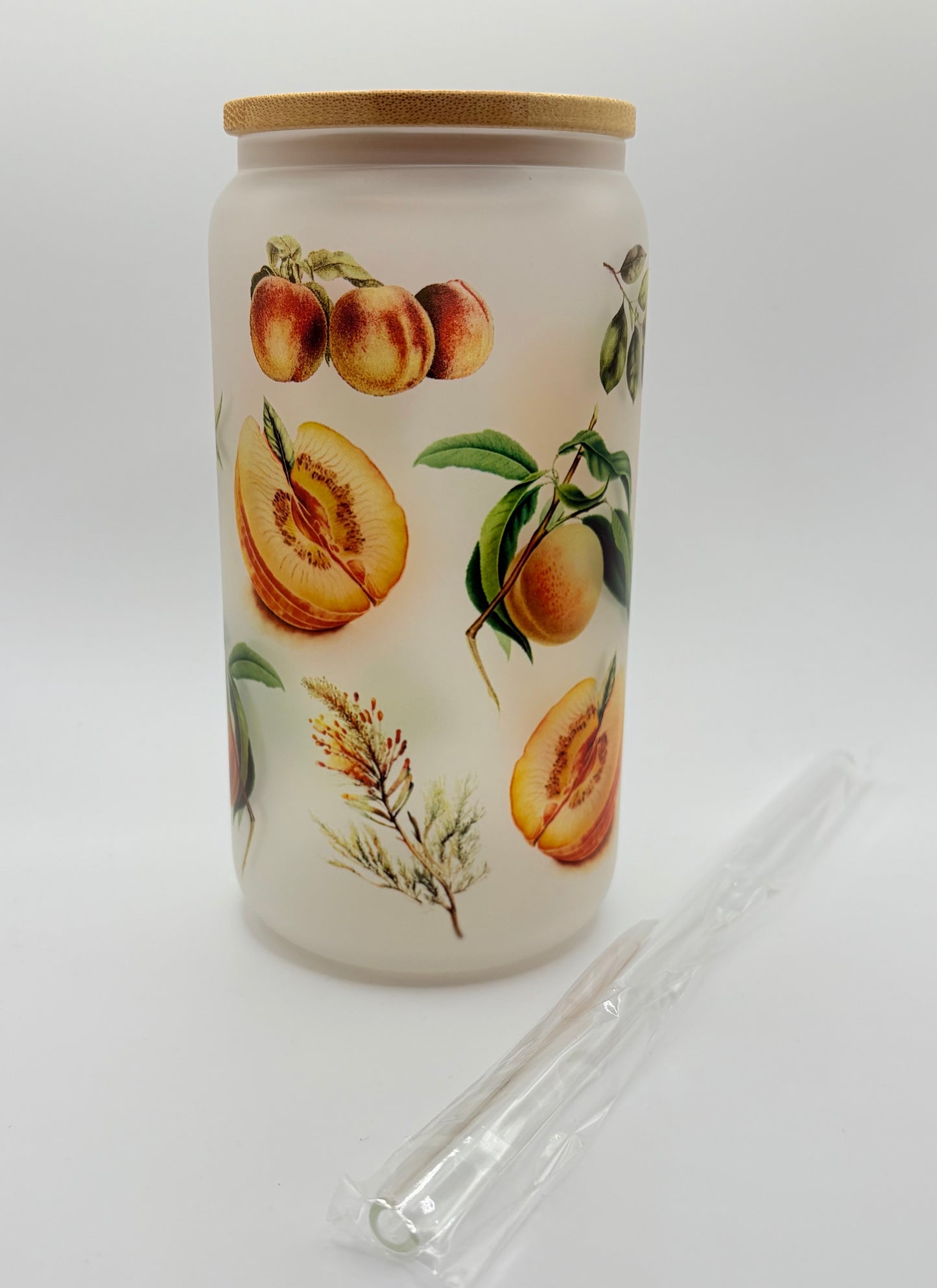 Peach Themed Glass Can Tumbler with Glass Straw