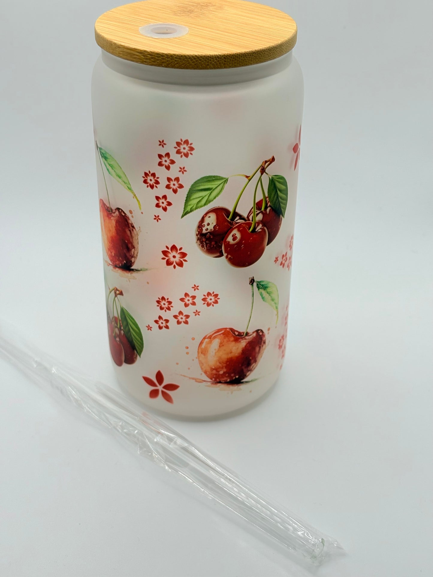 Cherry Themed Glass Can Tumbler with Glass Straw