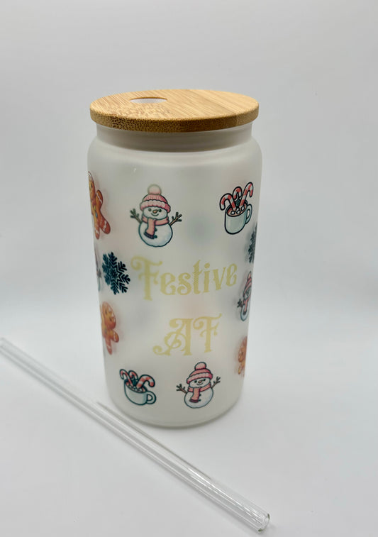 Festive AF - Glass tumbler with straw and bamboo lid