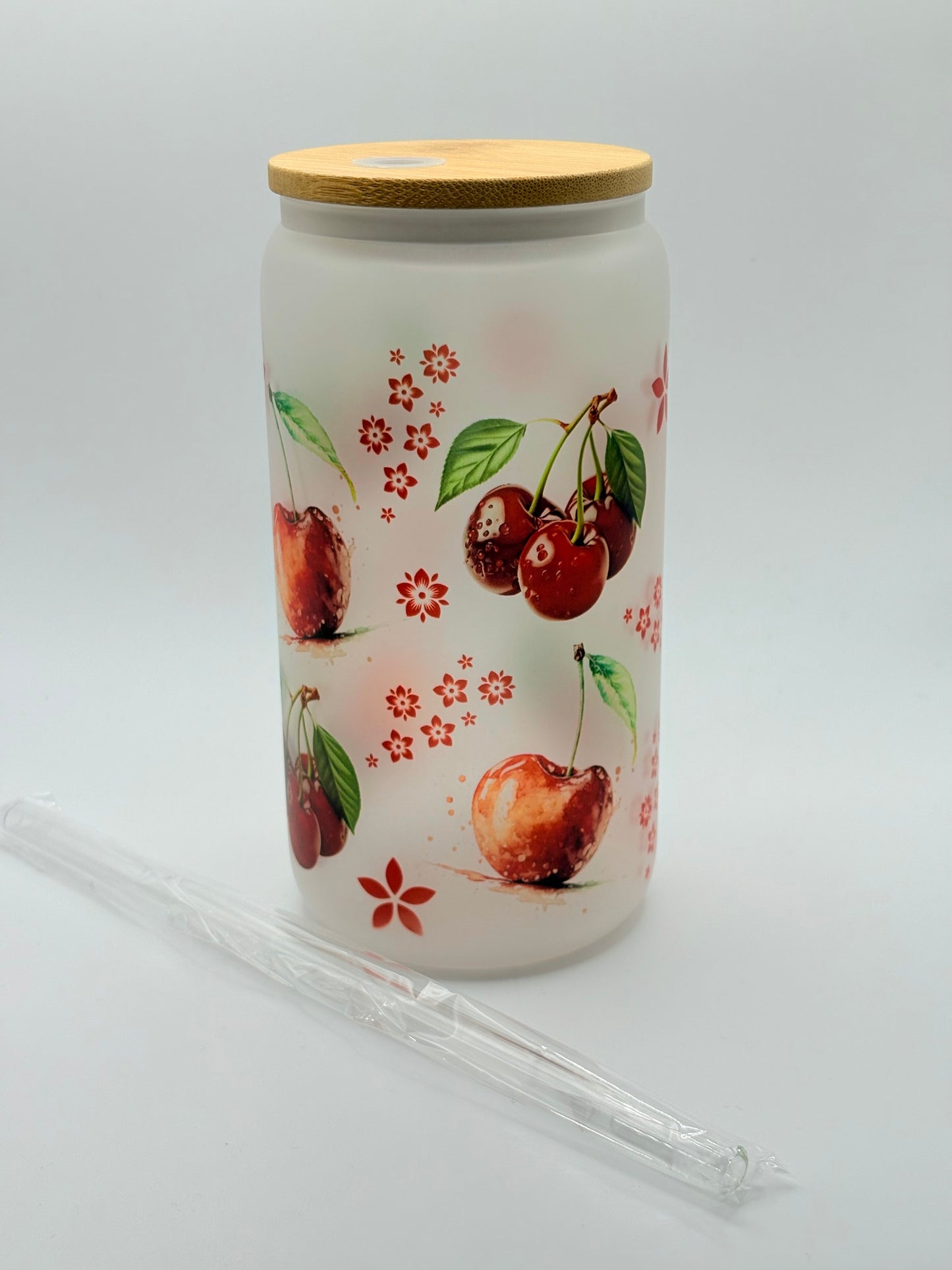 Cherry Themed Glass Can Tumbler with Glass Straw