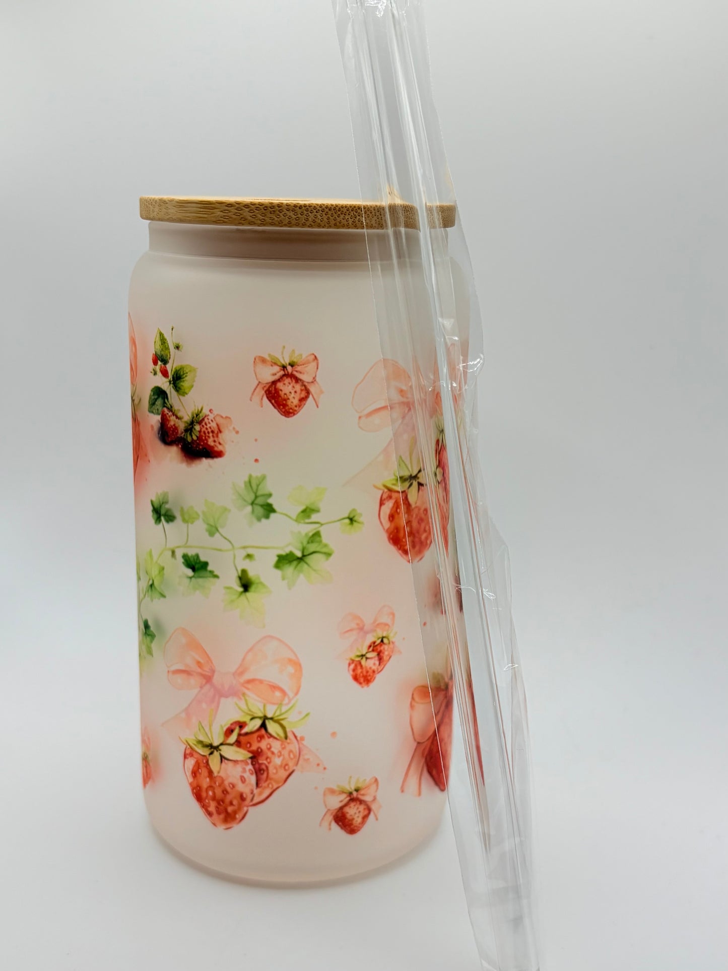 Strawberry Themed Glass Can Tumbler with Glass Straw