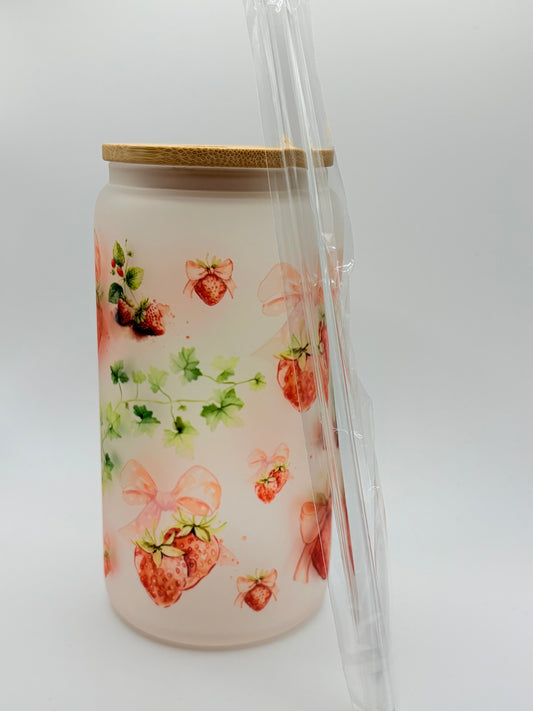 Strawberry Themed Glass Can Tumbler with Glass Straw