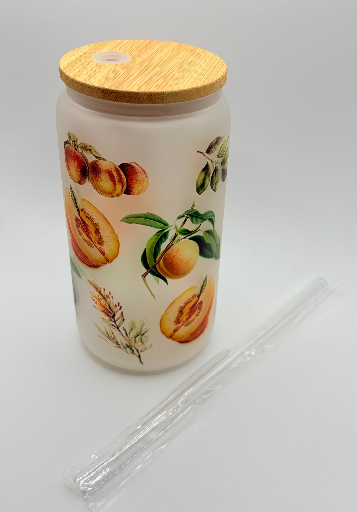 Peach Themed Glass Can Tumbler with Glass Straw