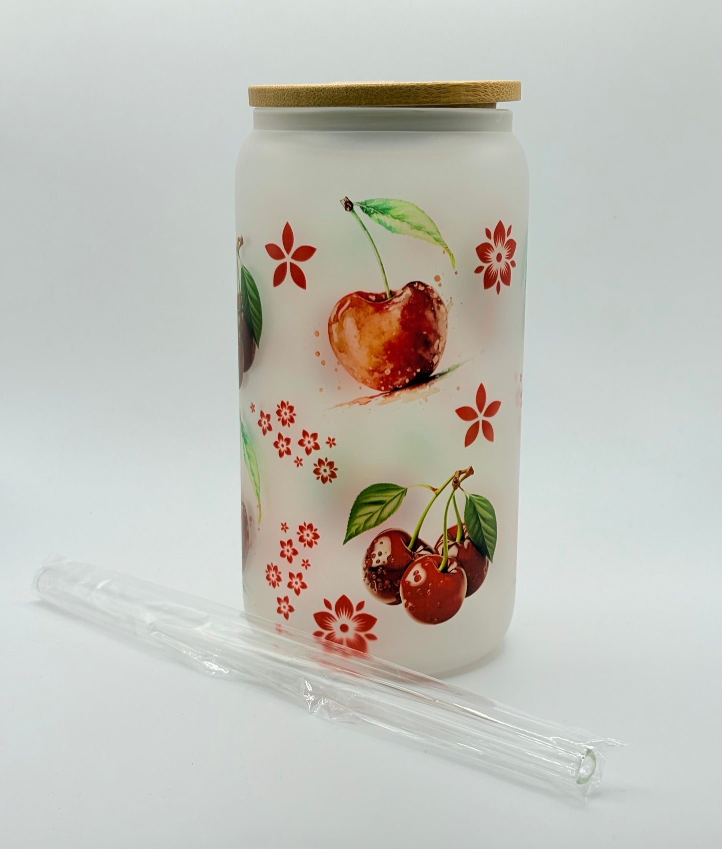 Cherry Themed Glass Can Tumbler with Glass Straw