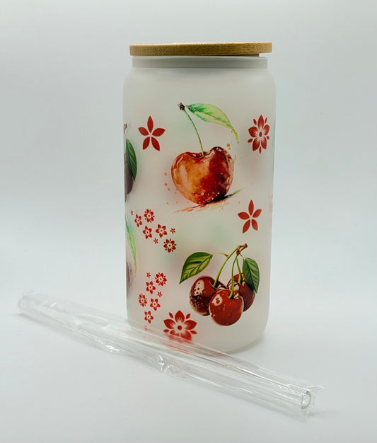Cherry Themed Glass Can Tumbler with Glass Straw