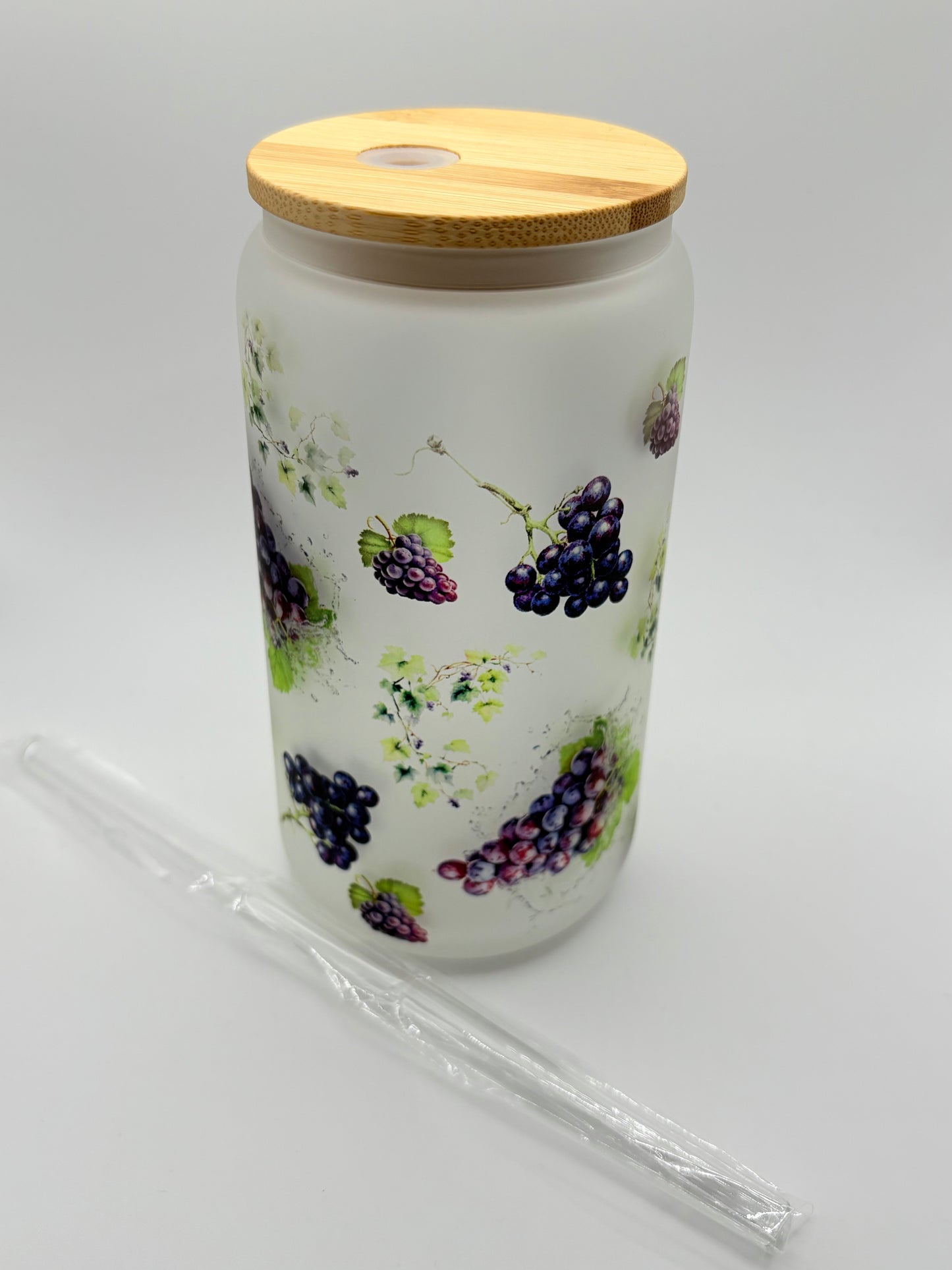 Grape Themed Glass Can Tumbler with Glass Straw