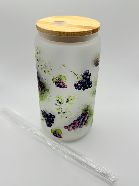 Grape Themed Glass Can Tumbler with Glass Straw